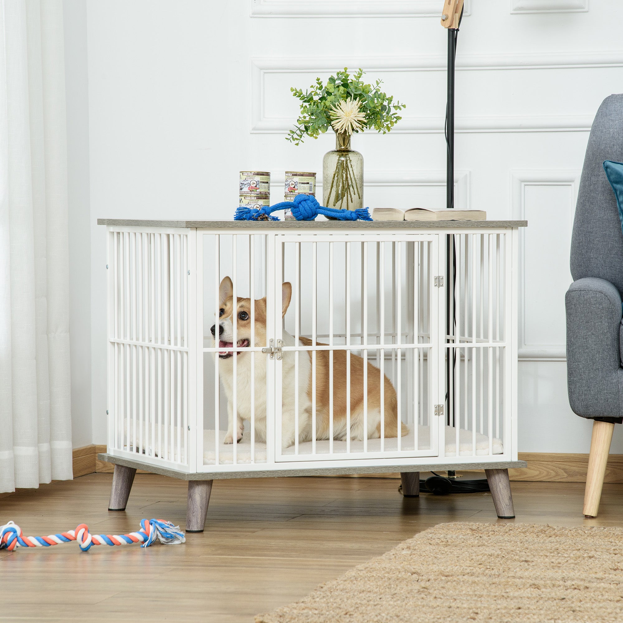 PawHut Furniture Style Dog Cage House w/ Soft Cushion for Small Medium Dog， Grey