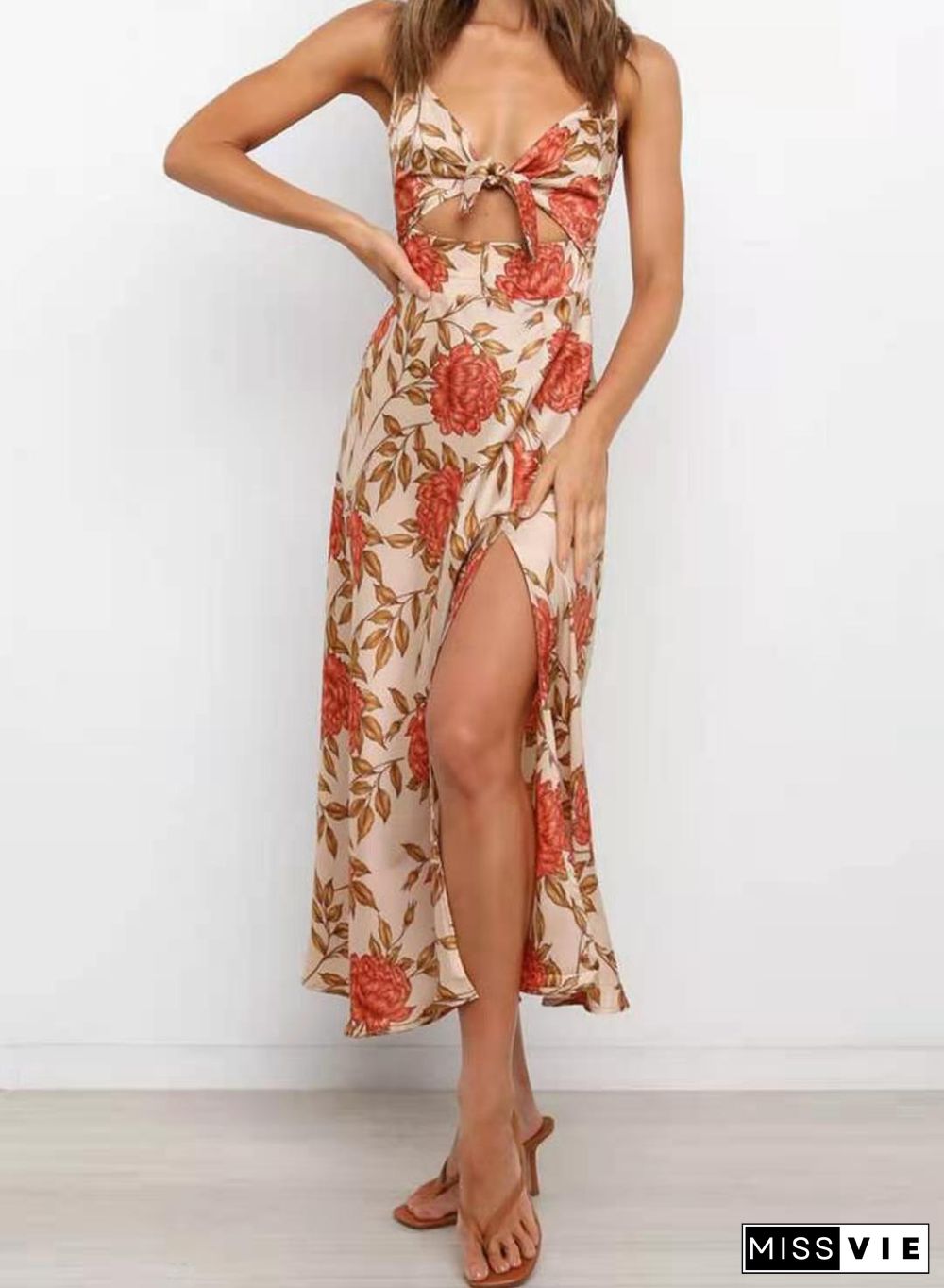 Floral Silky Front Slit Cut Out Tie Front Cami Dress