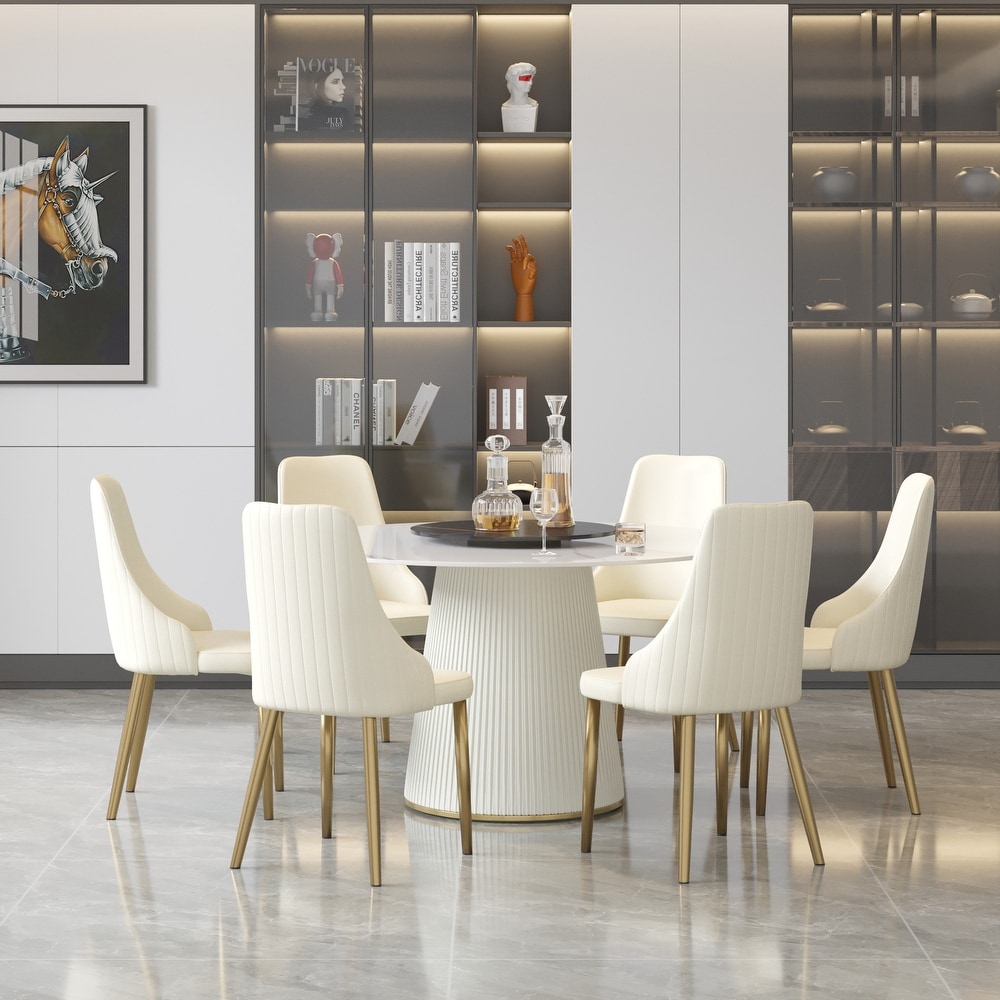 53'' Modern Round Dining Table  Marble Kitchen Table with Sintered Stone Tabletop and Steel Leather Base   N/A