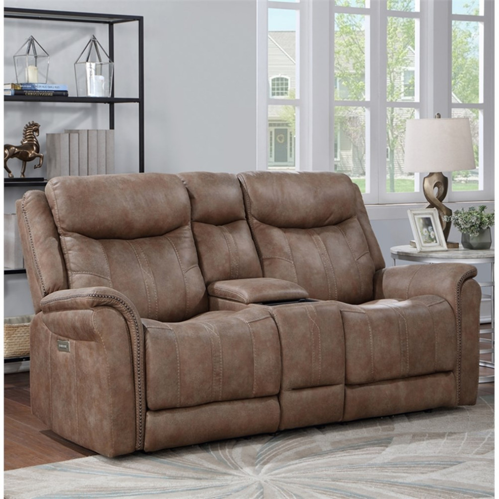 Morrison Camel Brown Faux Suede Leather Power Reclining Console Loveseat   Contemporary   Loveseats   by Homesquare  Houzz