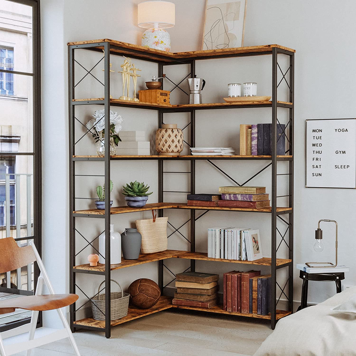 Corner Bookshelf 5 Tiers/6 Tiers Industrial Bookcases Shelf Storage Rack with Metal Frame