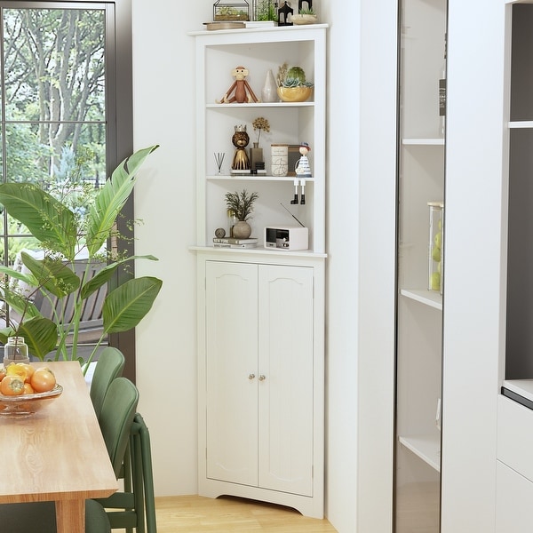 Tall Corner Cabinet Two Doors and Three Tier Shelves Corner Bathroom - 70.9