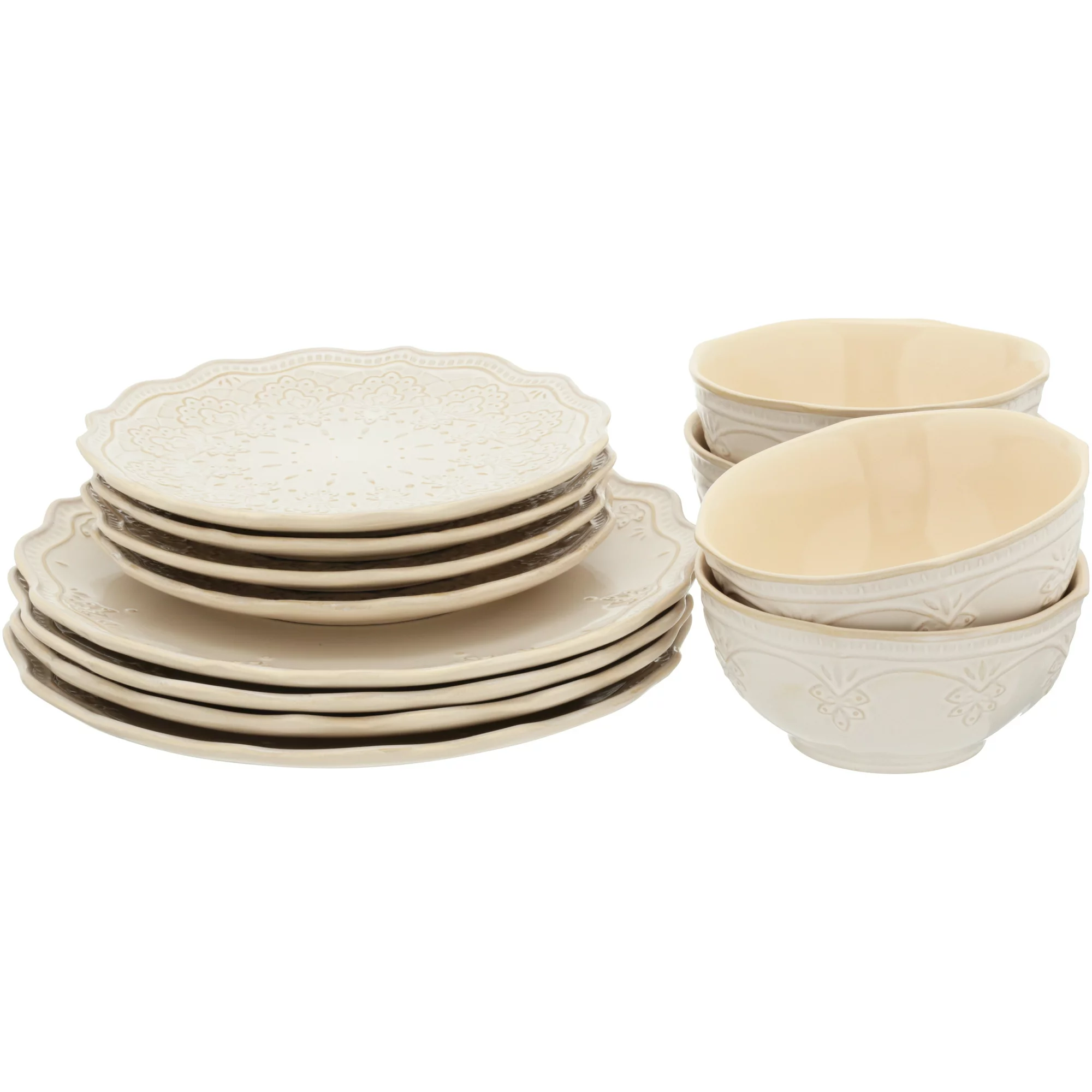 The Pioneer Woman Farmhouse Lace 12-Piece Dinnerware Set， Linen Off-White