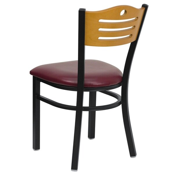 Offex Black Slat Back Metal Restaurant Chair with Natural Wood Back， Burgundy Vinyl Seat - Not Available