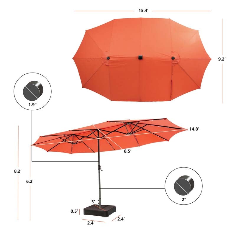 15 FT Double-Sided Patio Umbrella with 48 Solar Lights, Extra-Large Outdoor Twin Market Umbrella with Base