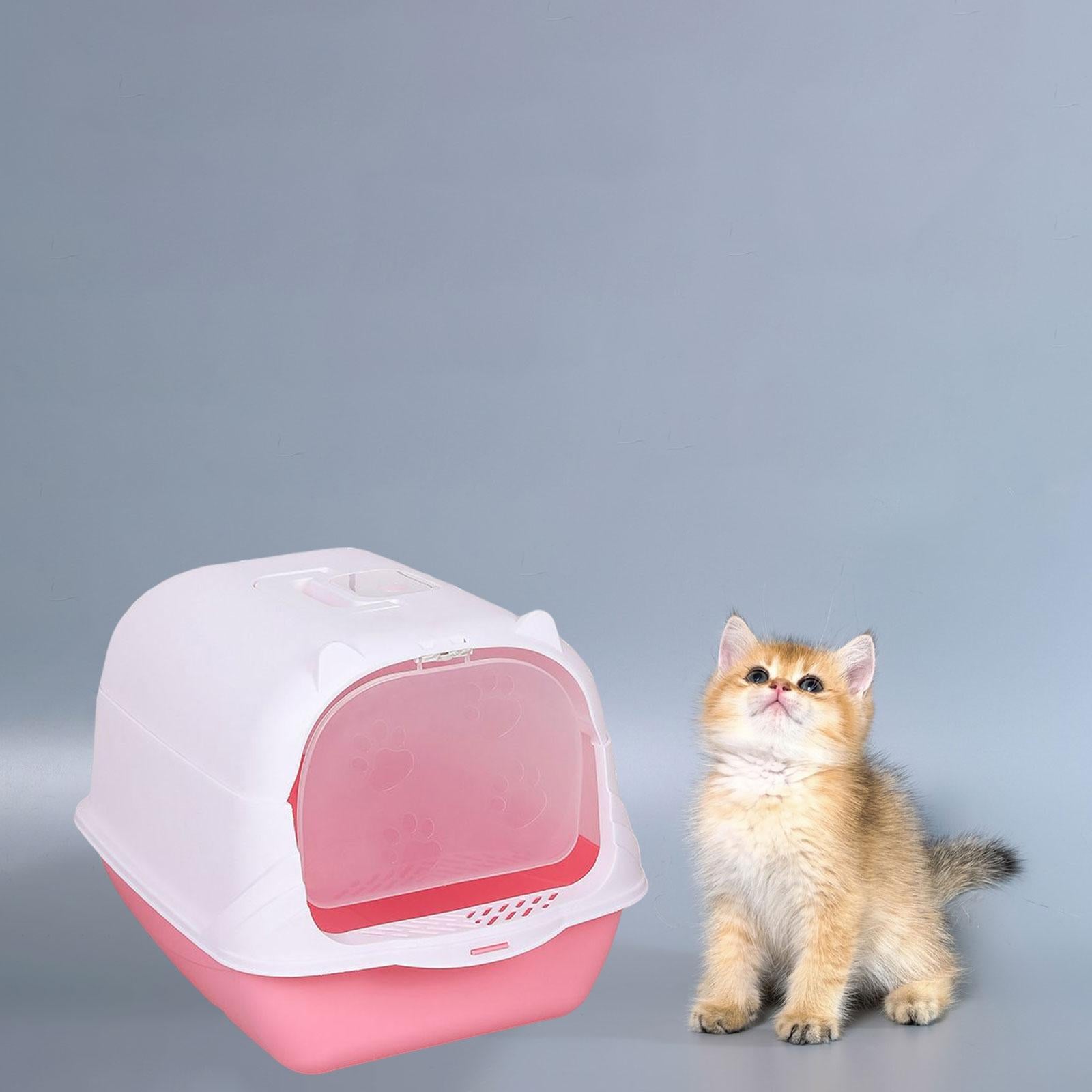 High Sided Pet Litter Tray Enclosed Potty Toilet with Gate Hooded Cat Litter Box Pink