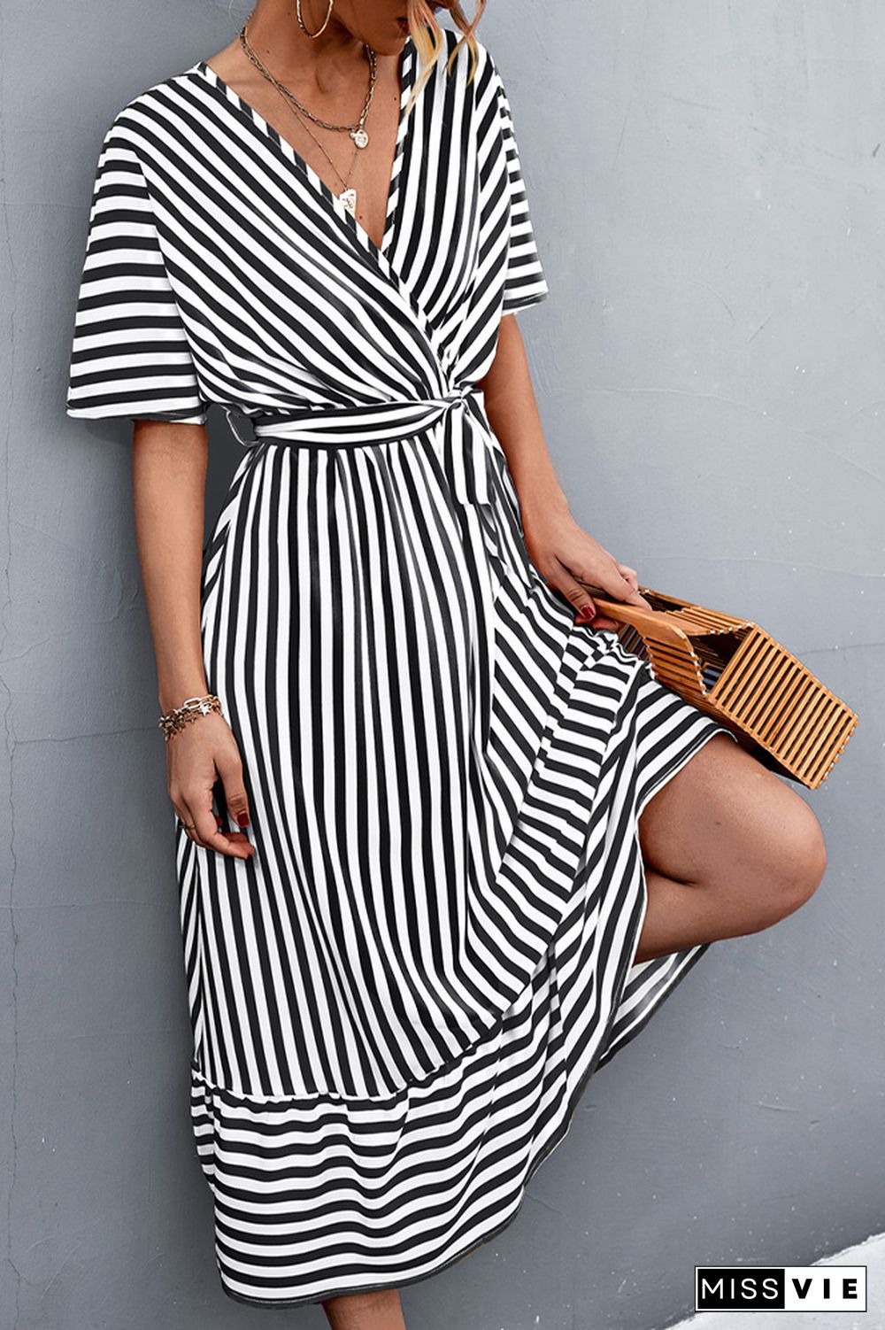 Stripe Print V-neck Short Sleeve Tie Waist Long Dress Wholesale