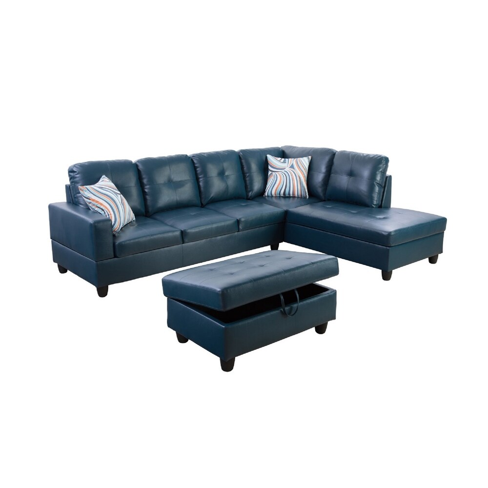 Denim Blue Faux Leather Right Facing 3 piece Sectional Sofa Set(9518B)