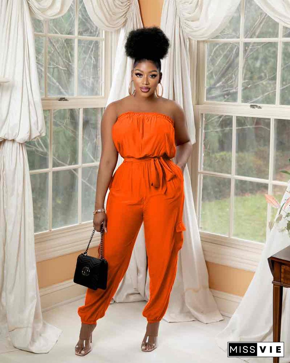 Pocket Design Belted Bandeau Jumpsuit