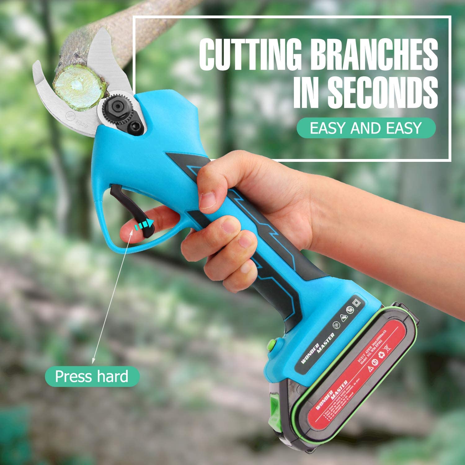 WONDER MASTER Cordless Pruner Professional Electric Pruning Shears Electric Pruner 2Pcs Backup Rechargeable 2Ah Lithium Battery Powered Tree Branch Pruner, 32mm (1.26 Inch) Cutting Diameter Blue