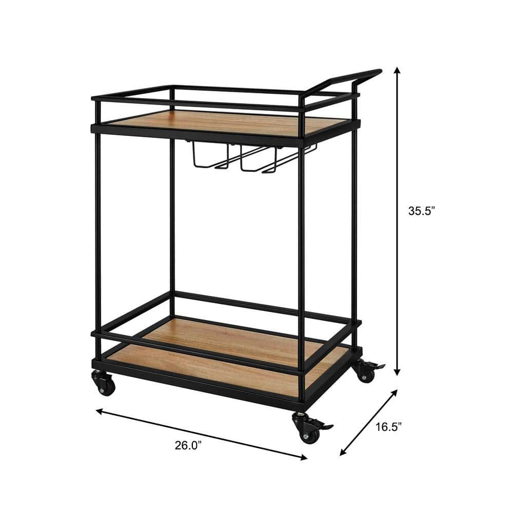 StyleWell Black Metal Bar Cart with Natural Wood Shelves (26 in. W) DC14-2732