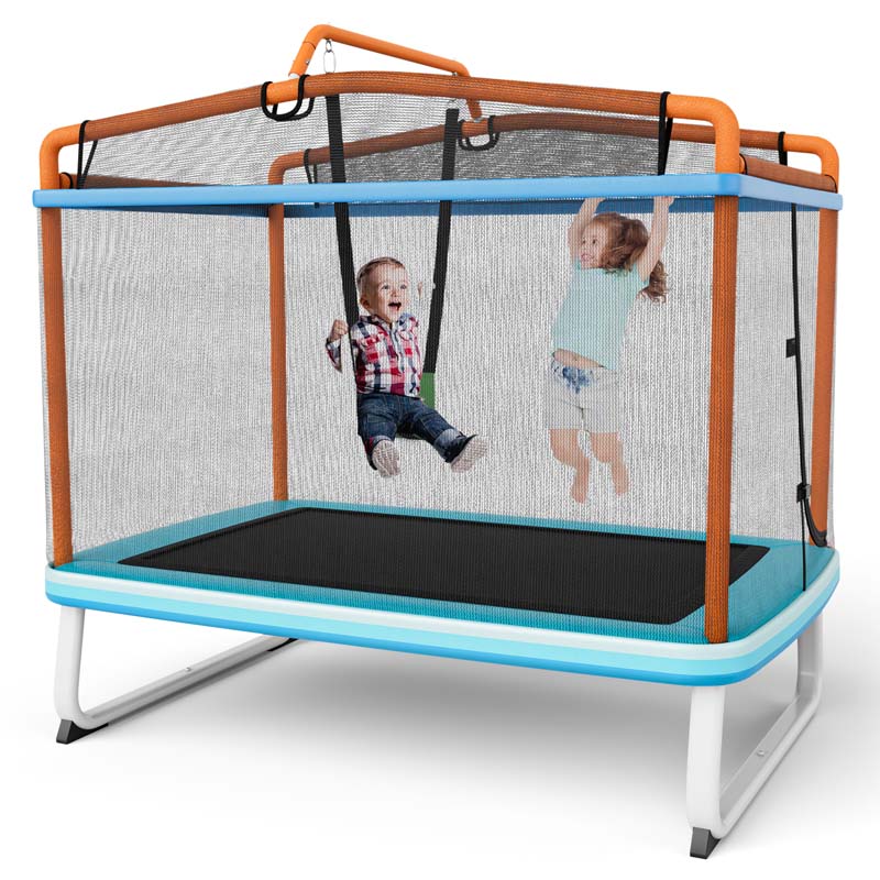 3-in-1 6Ft Rectangle Kids Trampoline with Swing & Horizontal Bar, ASTM Approved Small Trampoline w/Safety Net