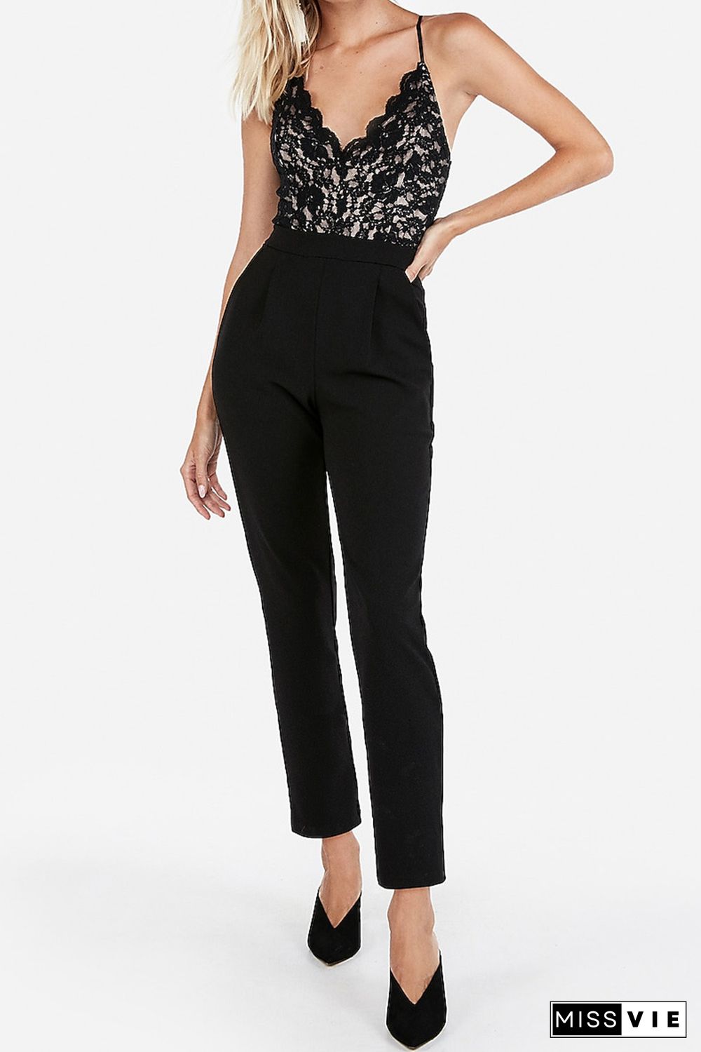 Black Spaghetti Straps Lace Bodice High Waist Jumpsuit