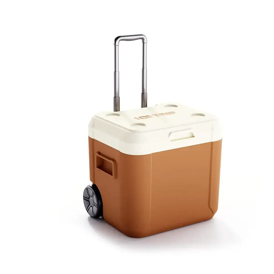 2023 Hot selling outdoor plastic insulated wheeled 52L ice cooler box large fishing food hard cooler with wheels box