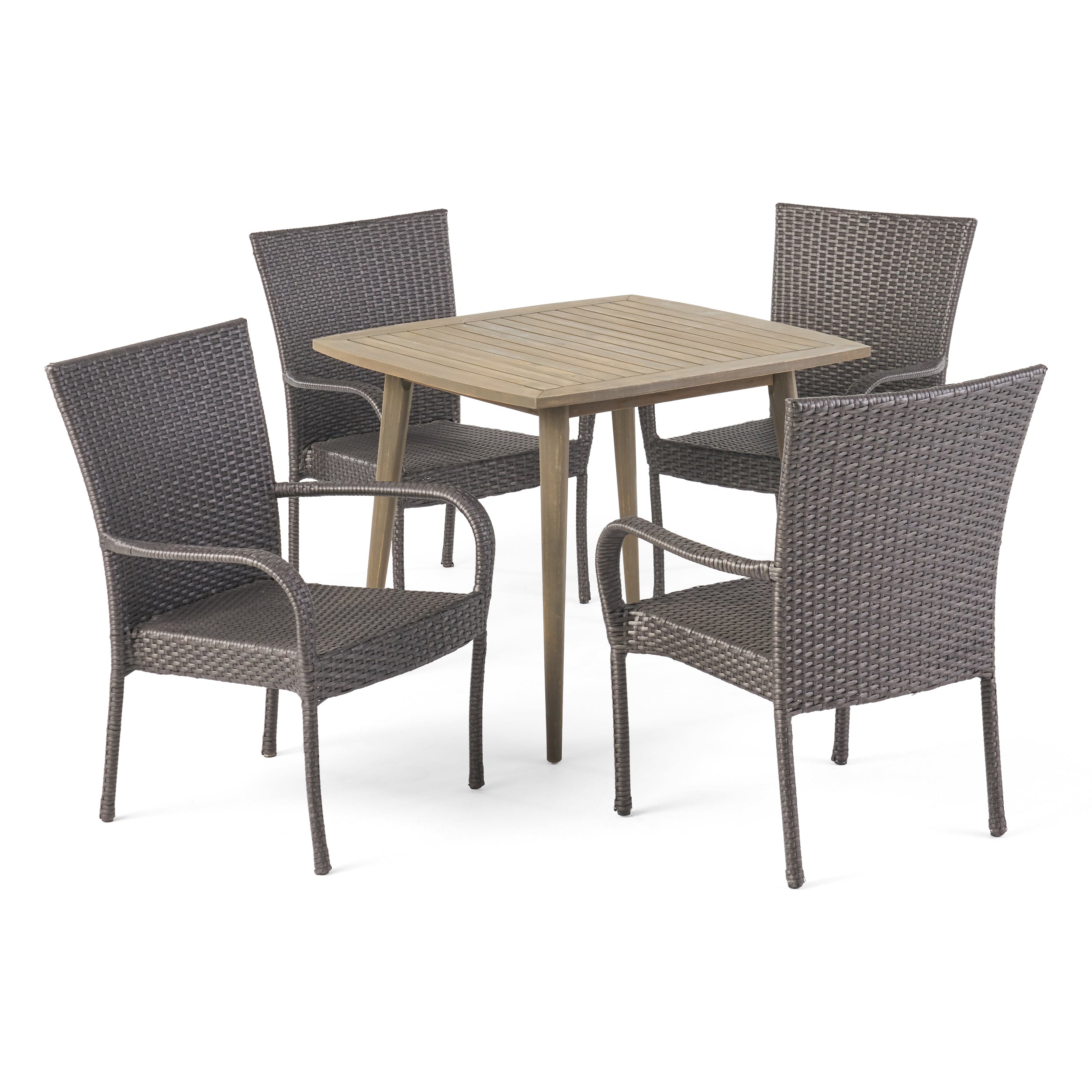 Murphy Outdoor 5 Piece Wood and Wicker Dining Set, Gray and Gray