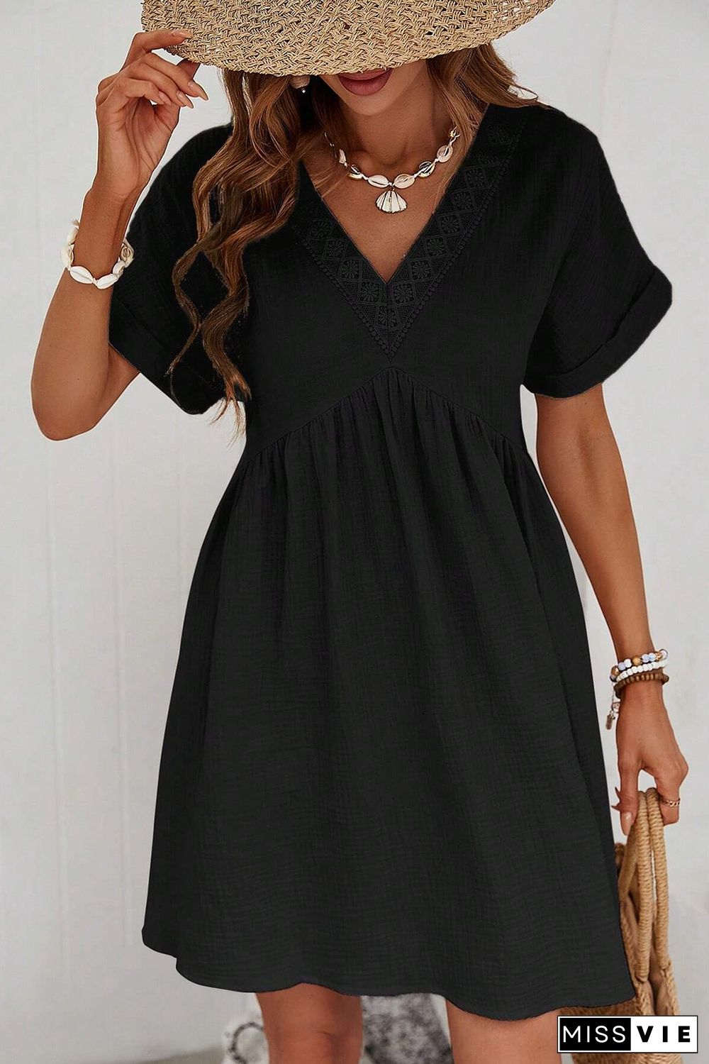 Folded Short Sleeve Lace V Neck Mini Dress