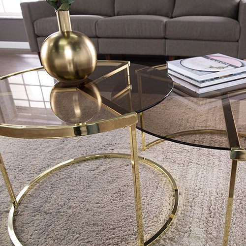 Unique Coffee Table Set  Nesting Design With Brass Metal Frame  ampSmoke Glass Top   Contemporary   Coffee Table Sets   by Decor Love  Houzz