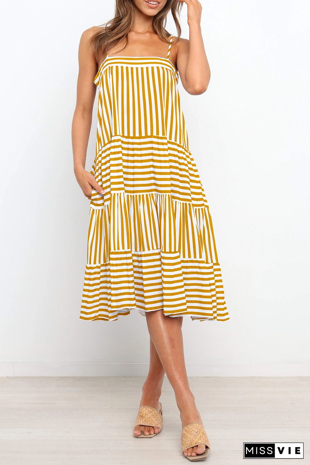 Casual Striped Spaghetti Strap Cake Skirt Dresses(4 Colors)