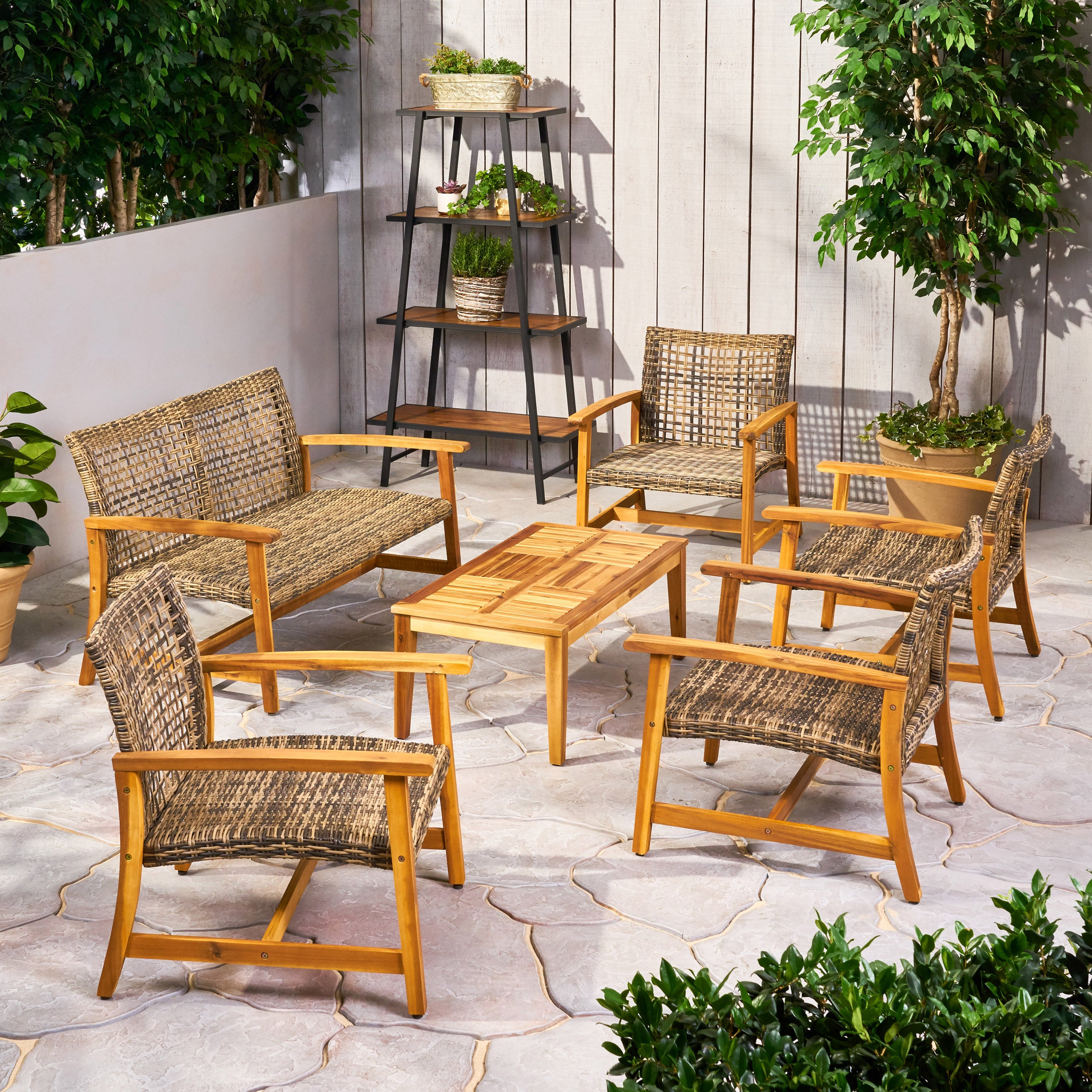 Levant Outdoor 6 Piece Wood and Wicker Chat Set