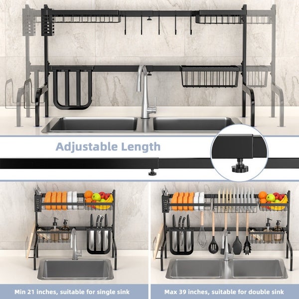 2 Tier Adjustable Over Sink Dish Drying Rack with 8 Hooks - 21-39