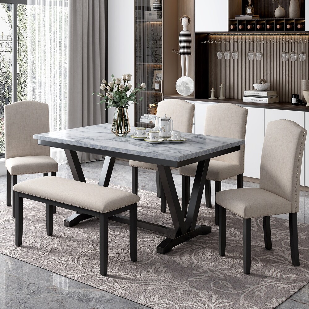 6 Piece White Dining Table Set with 4 Dining Chairs   Bench