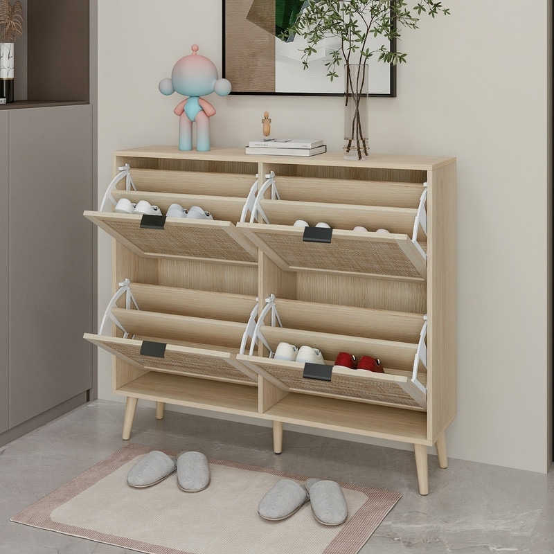 Freestanding Modern Shoe Storage with 4 Rattan Doors