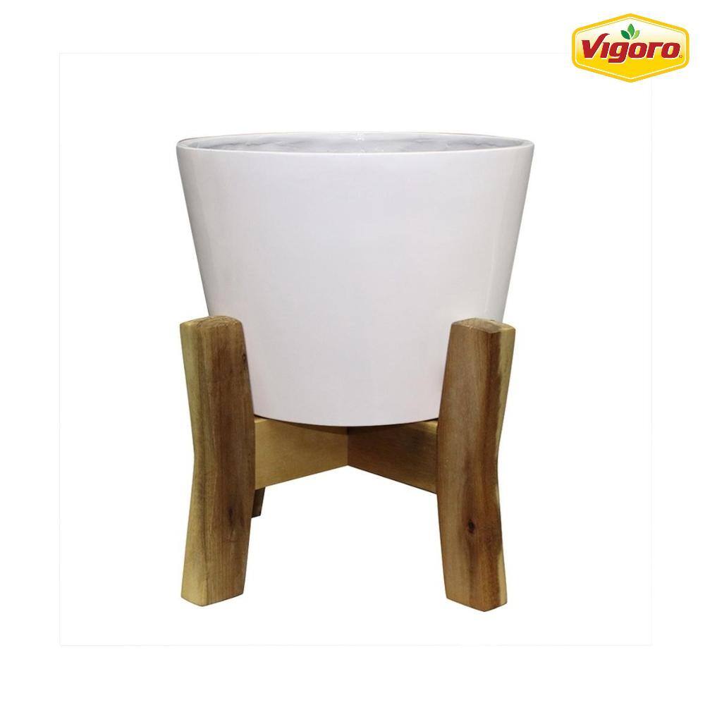 Vigoro 16 in. Shevlin Large White Resin Planter (16 in. W x 19.9 in. H) With Wood Stand CMX-049371A