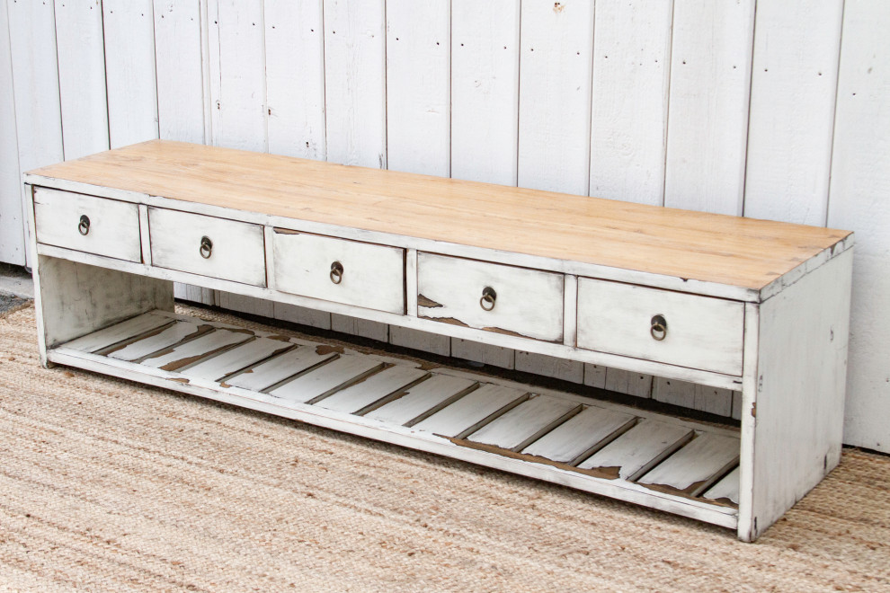 Lacquered White Three Drawer Low Console   Farmhouse   Console Tables   by De cor  Houzz