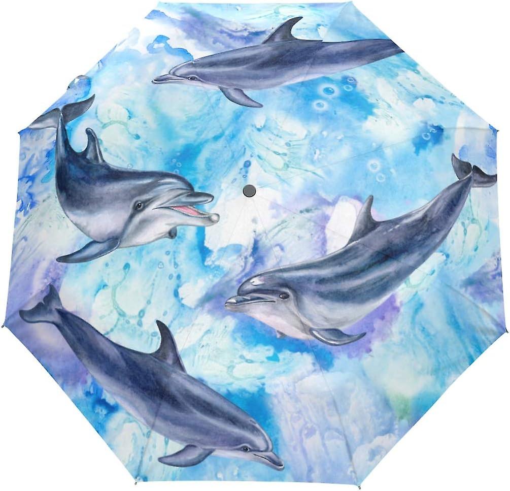 Travel Umbrella Automatic Windproof Foldable Umbrella Watercolor Sea Dolphins