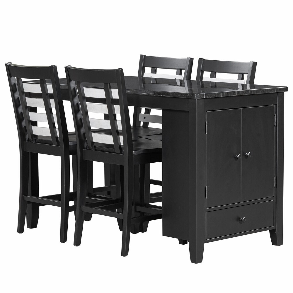 5 Piece Dining Set with Faux Marble Tabletop  Solid Wood  and Storage