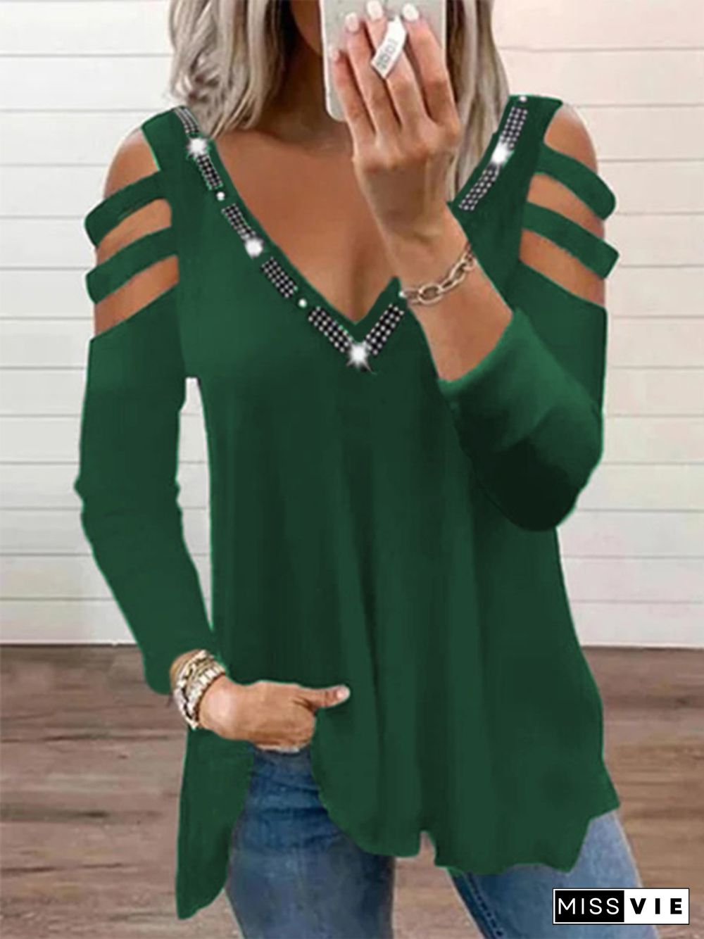 Vintage Solid Eyelet Hotfix V Neck Long Sleeves Plus Size Casual Tops