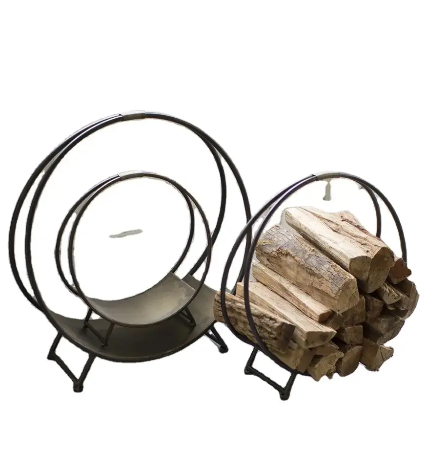 Firewood Holder Fireplace Accessories Round Log Holder Rack Black Color Handmade Metal for outdoor