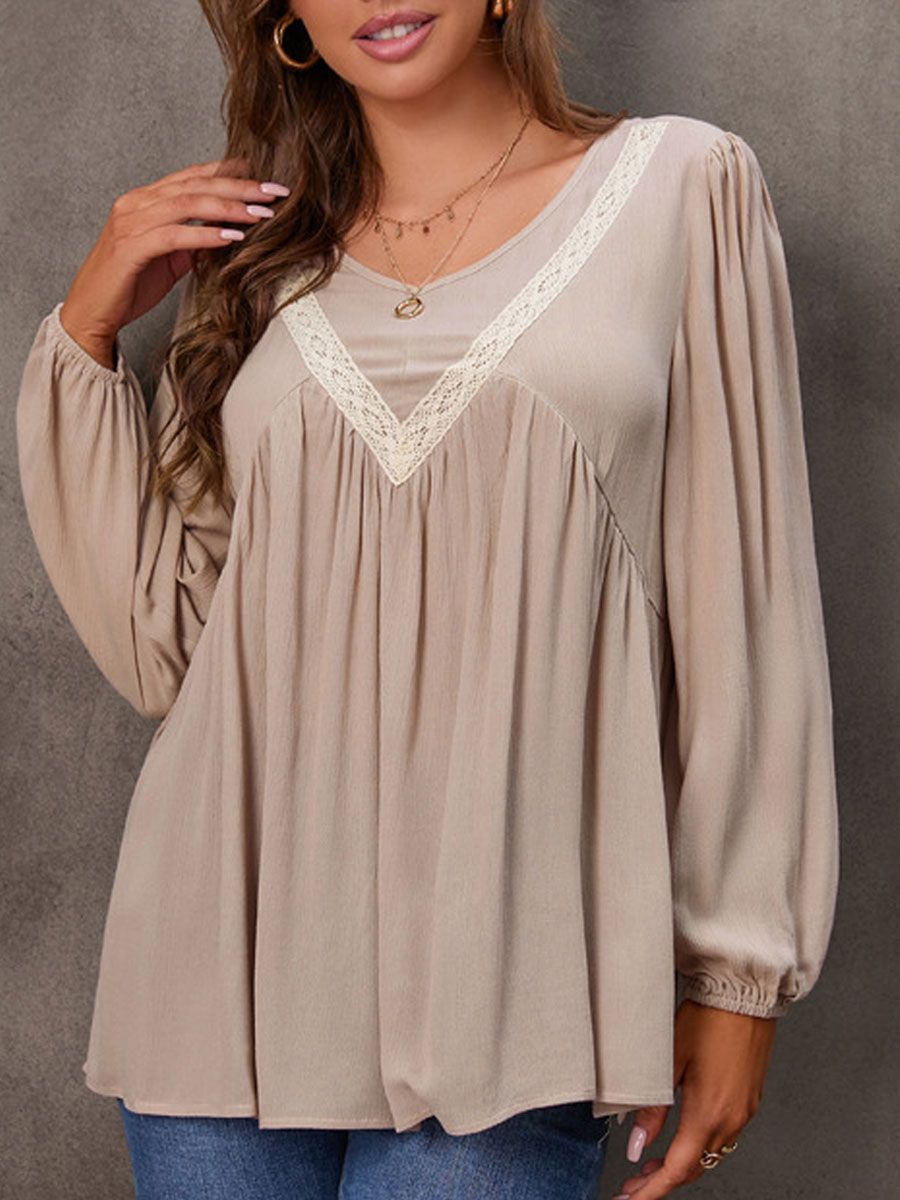 V-neck Casual Loose Lace Panel Long Sleeve Blouse