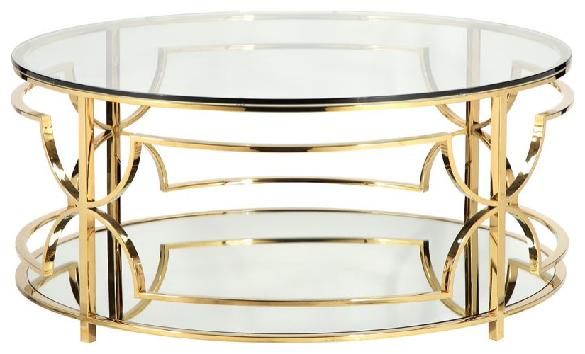 Pangea Home Edward Metal Round Coffee Table with Glass in Polished Gold   Contemporary   Coffee Tables   by Homesquare  Houzz