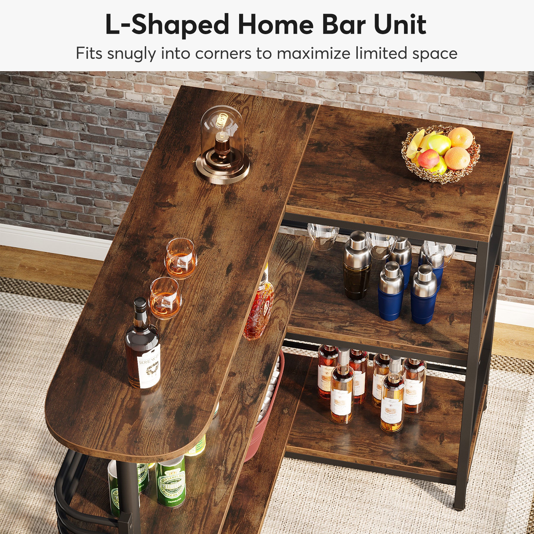 L-Shaped Bar Unit, 3 Tier Liquor Bar Table with Wine Glasses Holder