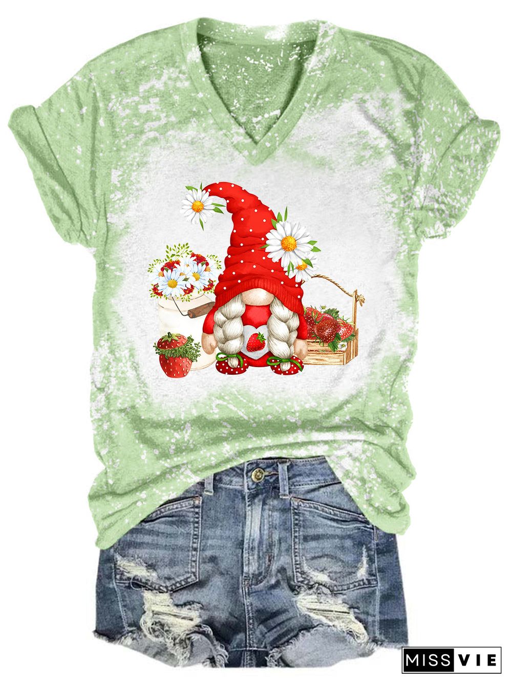 Strawberry Gnome Tie Dye V Neck T-shirt