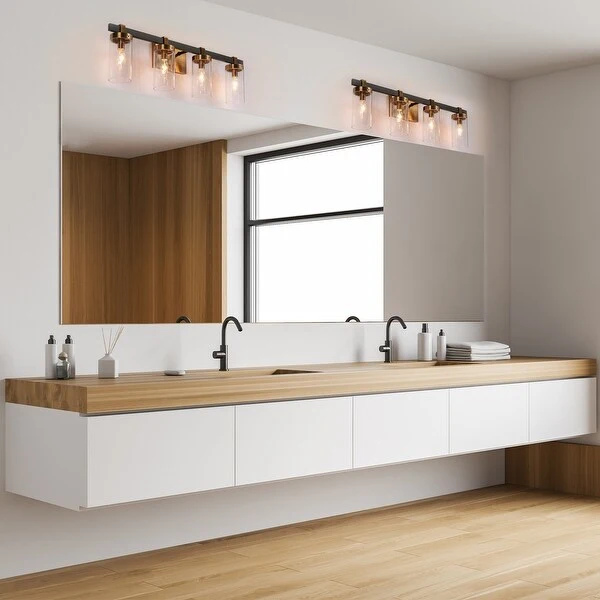 Modern 4-Light Gold and Black Bathroom Vanity Lighting with Clear Glass Shades - 28