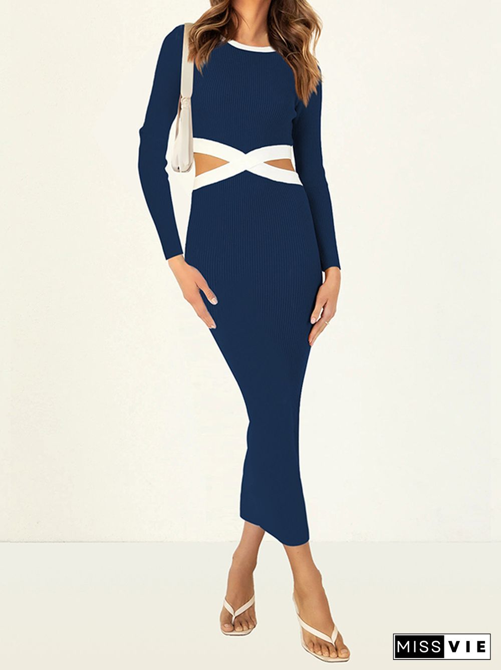 High Waisted Long Sleeves Hollow Round-Neck Midi Dresses