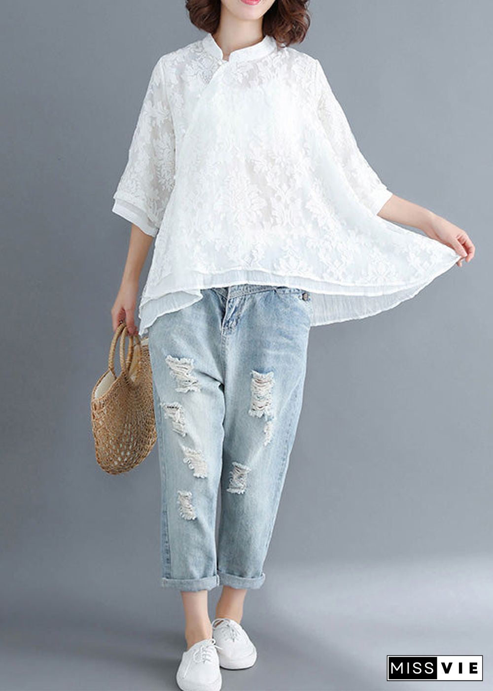 Style white lace top silhouette Women Button Down Dresses Summer blouse