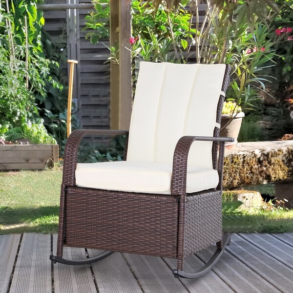 Outsunny Outdoor Wicker Rattan Recliner Rocking Cushioned Chair with Footrest and 135 Degrees of Comfort