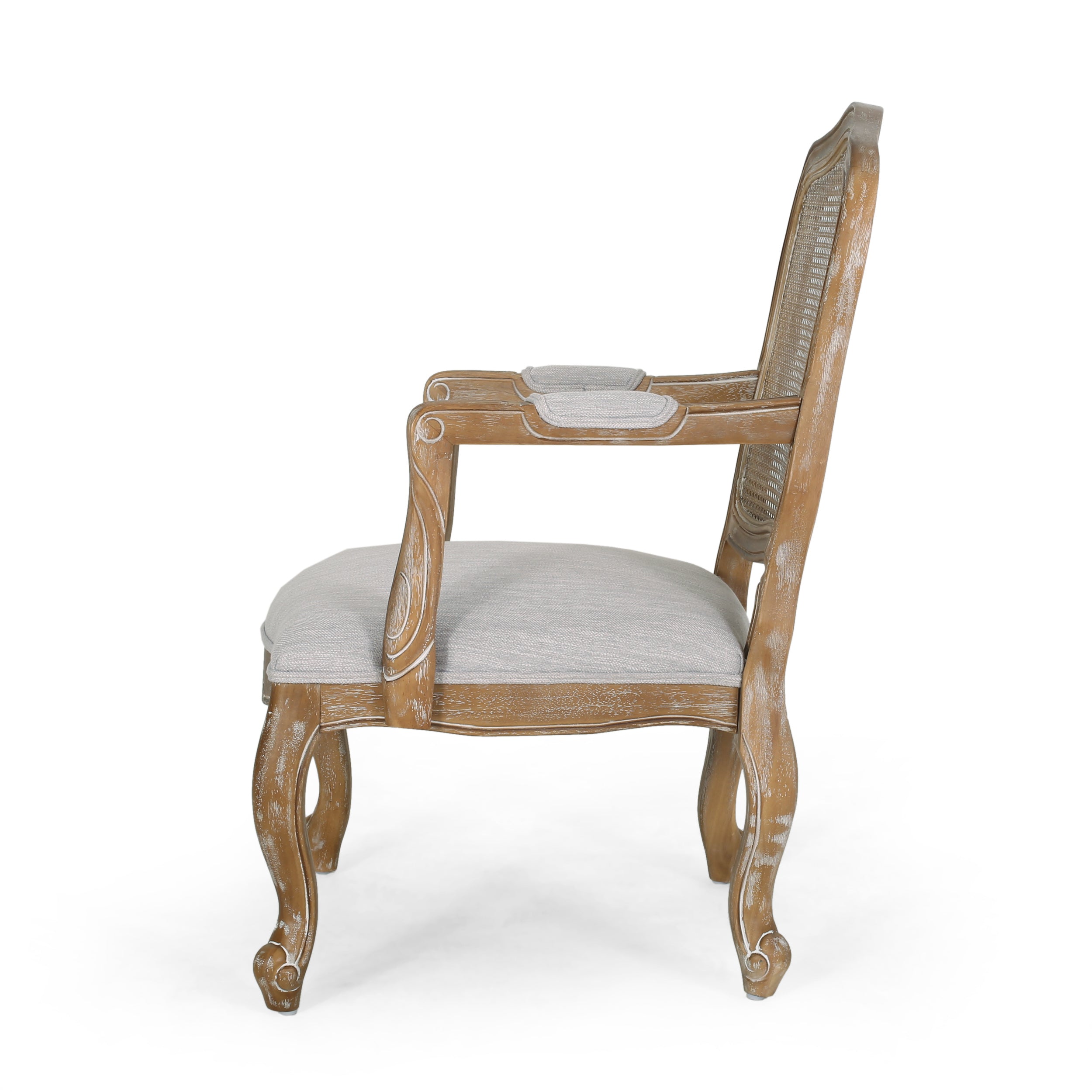 Biorn French Country Wood and Cane Upholstered Dining Armchair