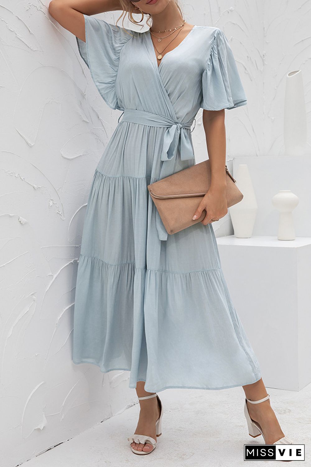 Elegant Solid Split Joint With Belt V Neck Cake Skirt Dresses