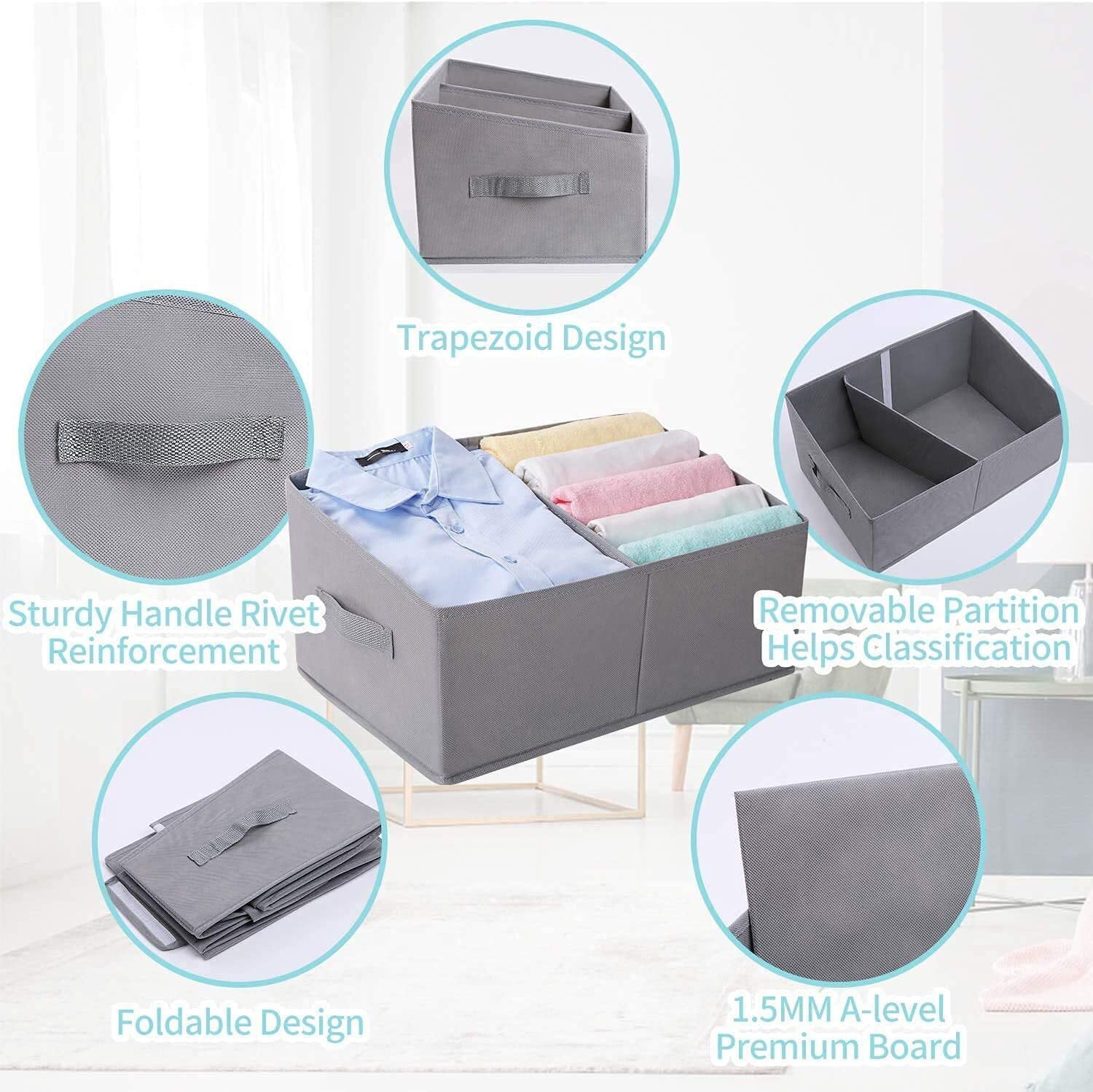 DIMJ Closet Organizer Storage Bins, 3 Pcs Fabric Cube Baskets Collapsible Trapezoid Organizer Box for Bedroom Bathroom, Clothes, Baby Toiletry, Toys, Towel, DVD, Book, Home Organization, Light Gray