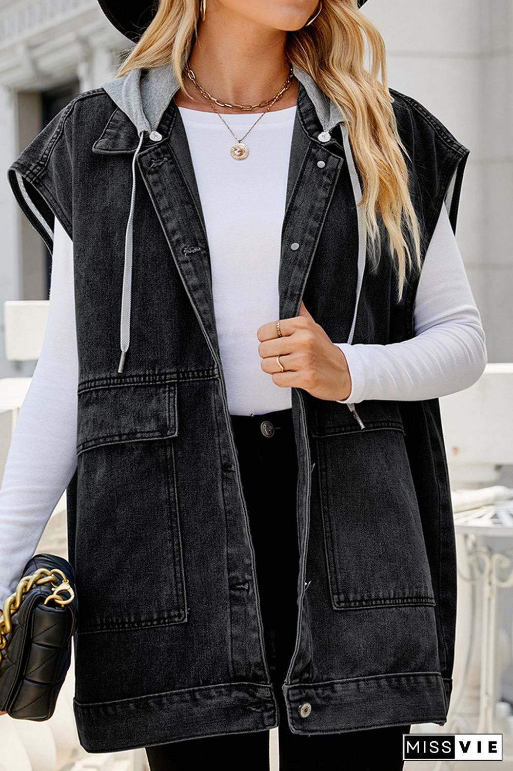 Open Front Pockets Sleeveless Denim Jacket