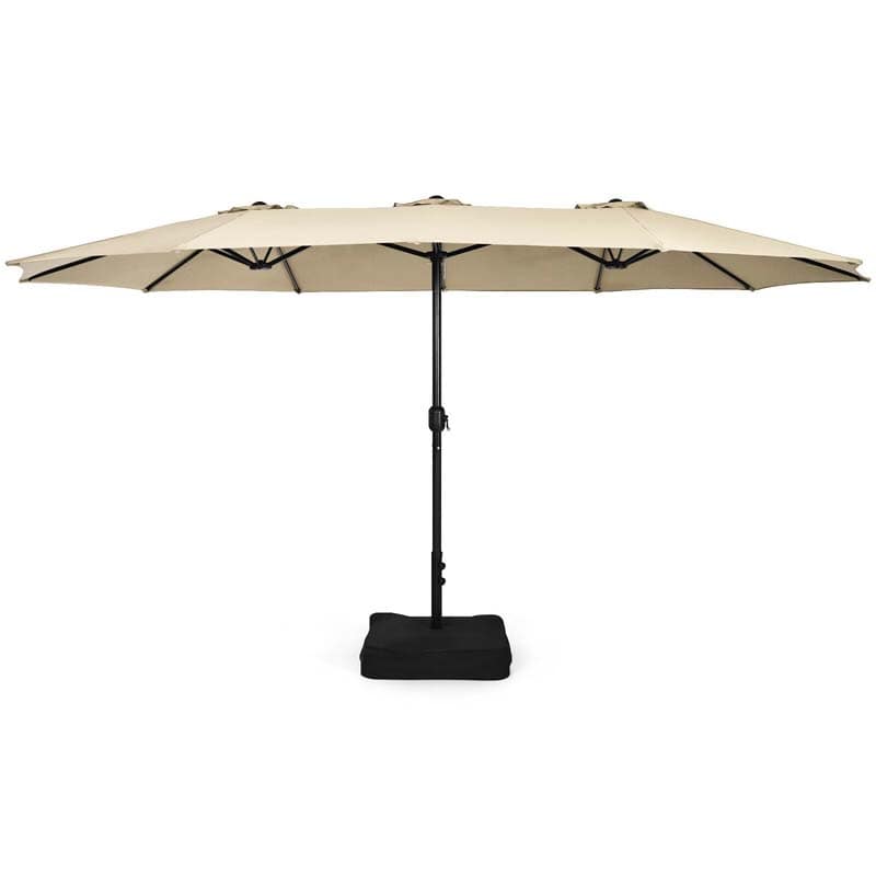 15FT Double-Sided Twin Patio Umbrella with Base & Crank System, Extra-Large Cantilever Market Umbrella