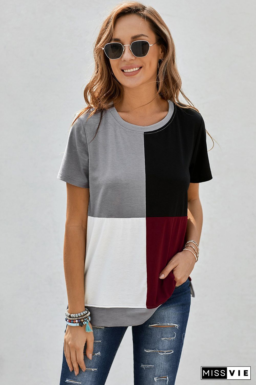 Wine Red Colorblock T-shirt with Slits