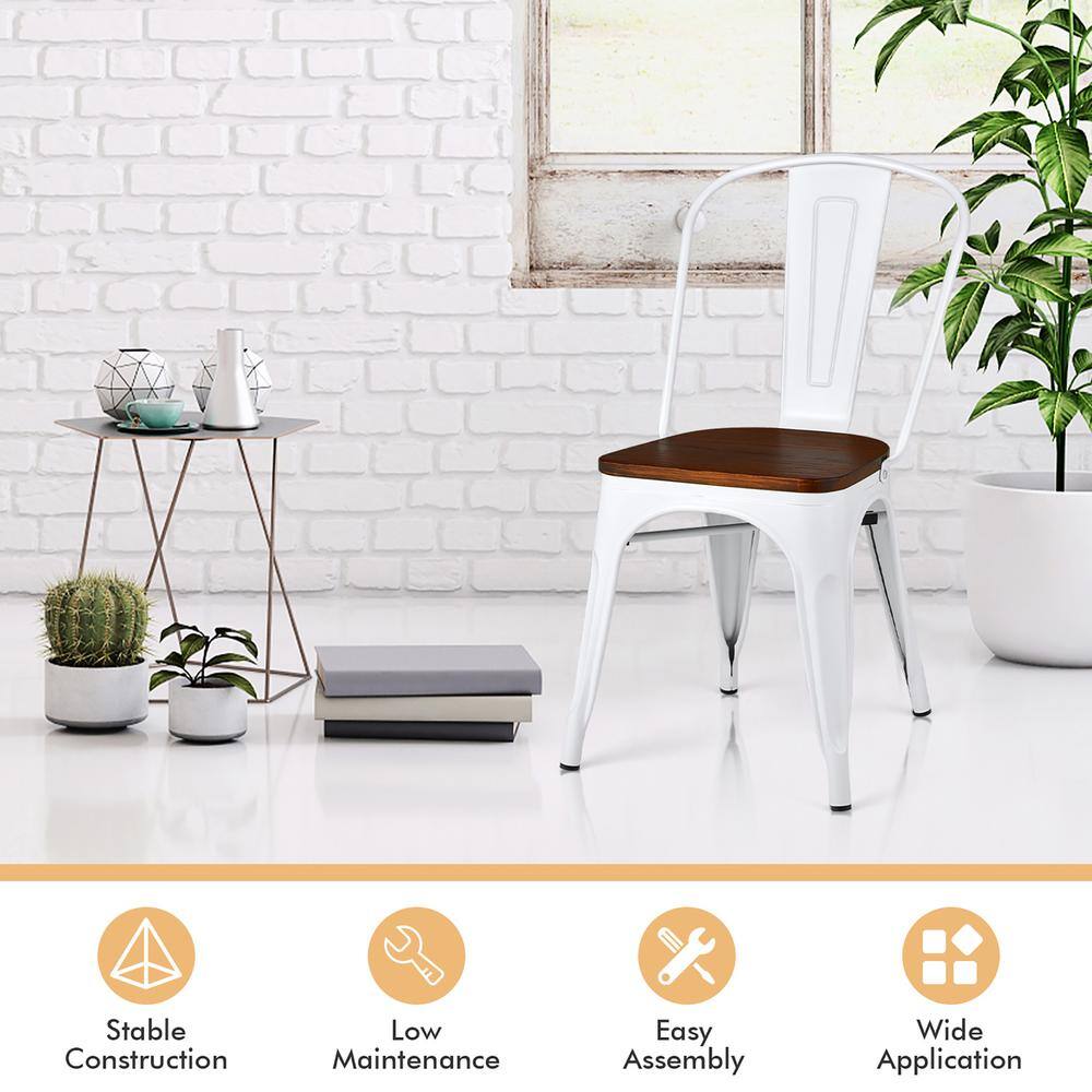 Costway White Tolix Style Metal Dining Chair Wood Seat Stackable Bistro Cafe (Set of 4) HW68514WH