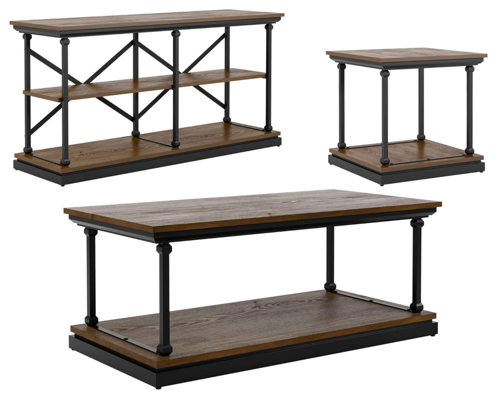 Transitional Coffee Table Set  Metal Frame  ampCrown Molded Top   Industrial   Coffee Table Sets   by Decor Love  Houzz