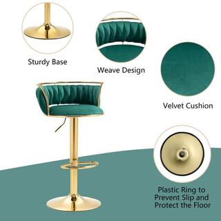 Uixe 38.5 in. Dark Green Low Back Metal Frame Swivel Adjustable Height Bar Stool with Velvet Seat (Set of 2) FOP-BT-GREEN-2