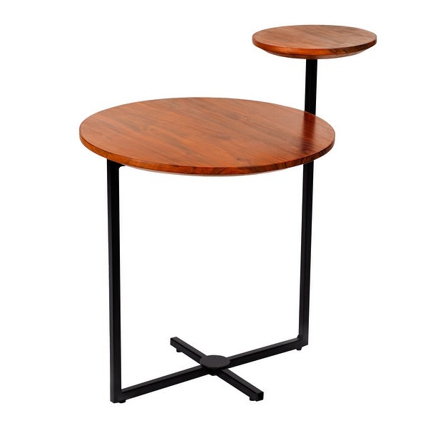 21 Inch H Round Acacia Wood Accent End Table with 2 Tier Tabletops